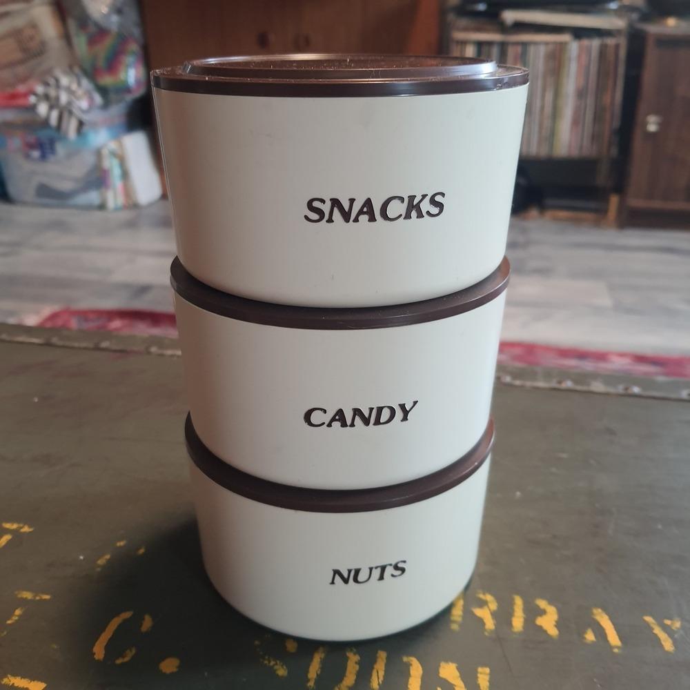 Vintage Stanley Home Products Cream And Brown Lidded Stackable Canisters Storage